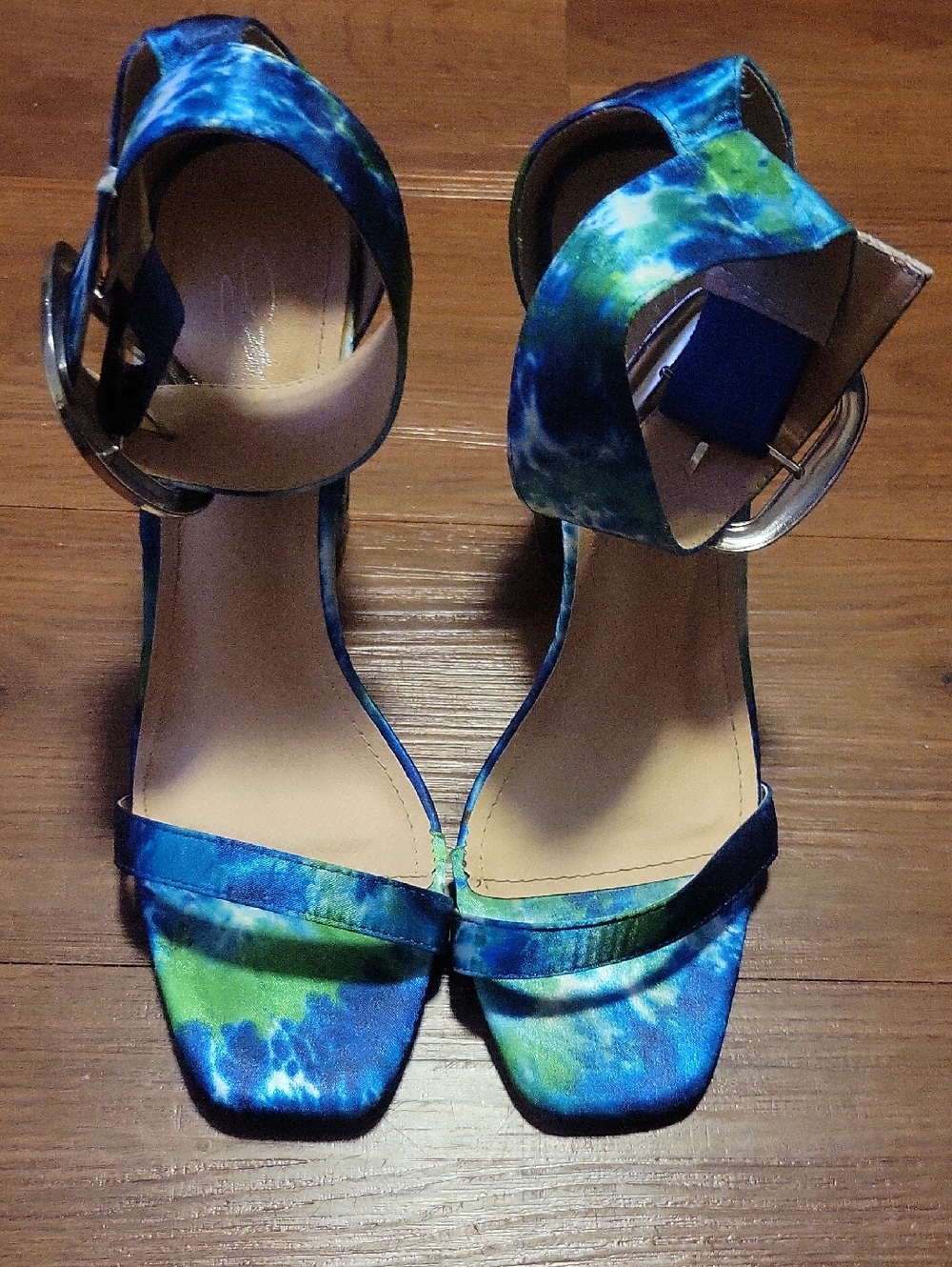Tie-Dye Blue & Green Ankle Strap Heeled Sandals